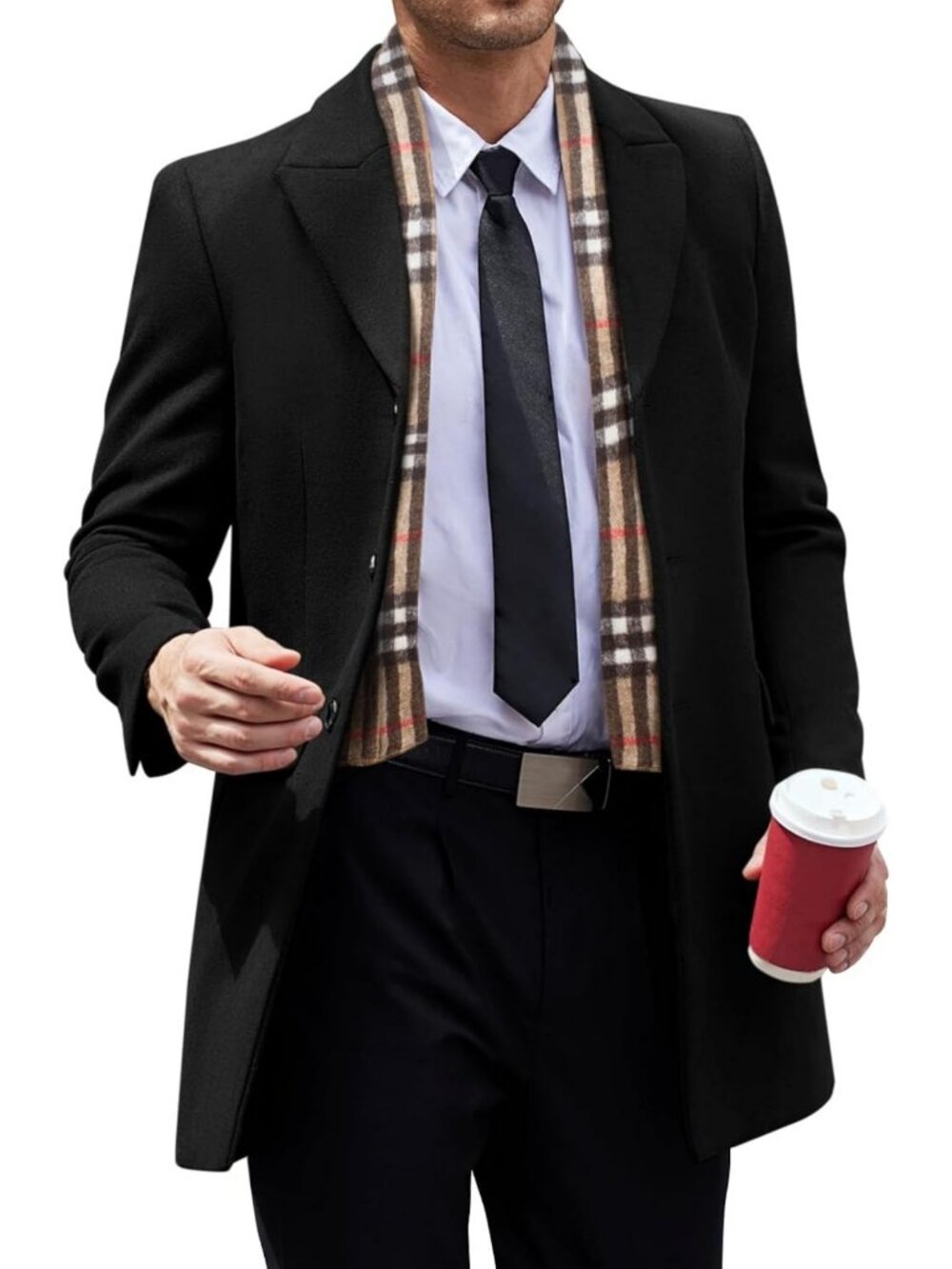 Stylish Men's Wool Blend Pea Coat with Detachable Plaid Scarf - Fall/Winter